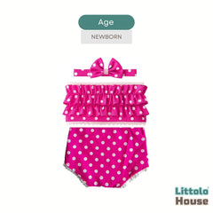 Baby Girl Polka Dot Ruffle Tube Top & Bloomer Outfit with Bow Headband O233 | NB | Pink