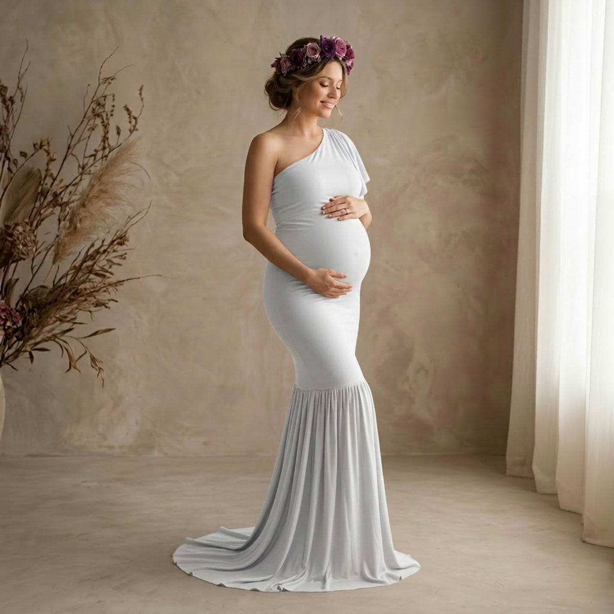One shoulder Maxi Dress M016 Maternity Gown | L | White