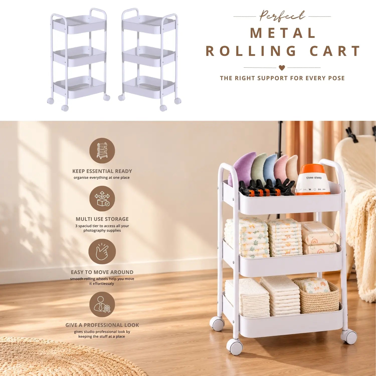 3 Tier Metal Rolling Cart Organizer with Wheels Rolling Cart Storage Shelves | Studio Setups | White