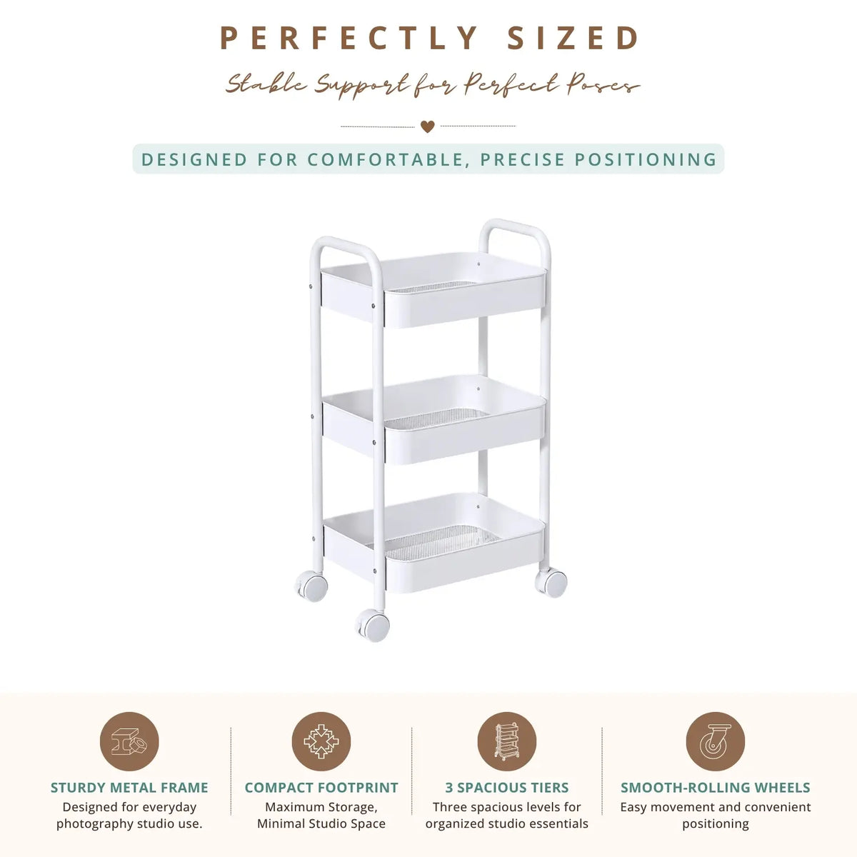 3 Tier Metal Rolling Cart Organizer with Wheels Rolling Cart Storage Shelves | Studio Setups | White
