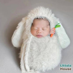 Baby Fluffy Bunny Cocoon Pouch with Bonnet O247 | NB | Off White