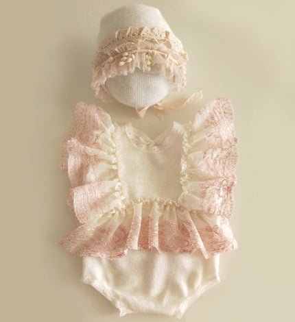 Baby Girl Lace Romper with Bonnet SR006 | Set of 2 | NB | Cream