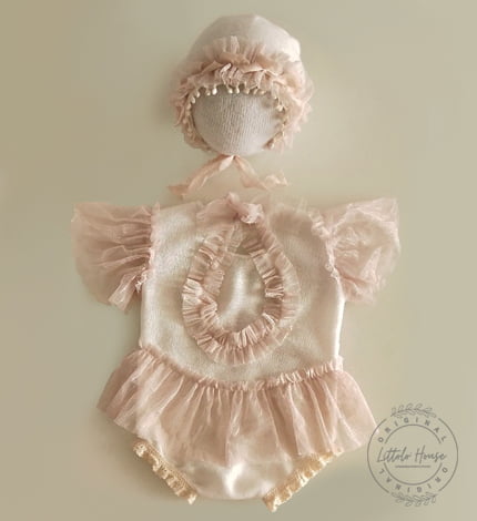 Baby Girl Lace Romper with Bonnet SR006 | Set of 2 | NB | White Peach