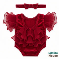 Baby Girl Frill Sleeves Romper with Hairband O126 | 3M | Red