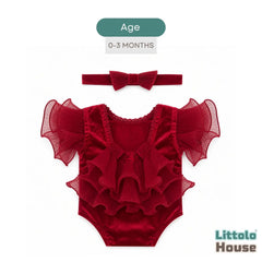 Baby Girl Frill Sleeves Romper with Hairband O126 | 3M | Red