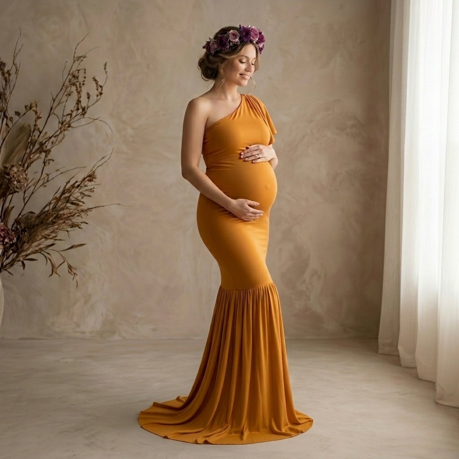 One shoulder Maxi Dress M016 Maternity Gown | L | Ginger Yellow