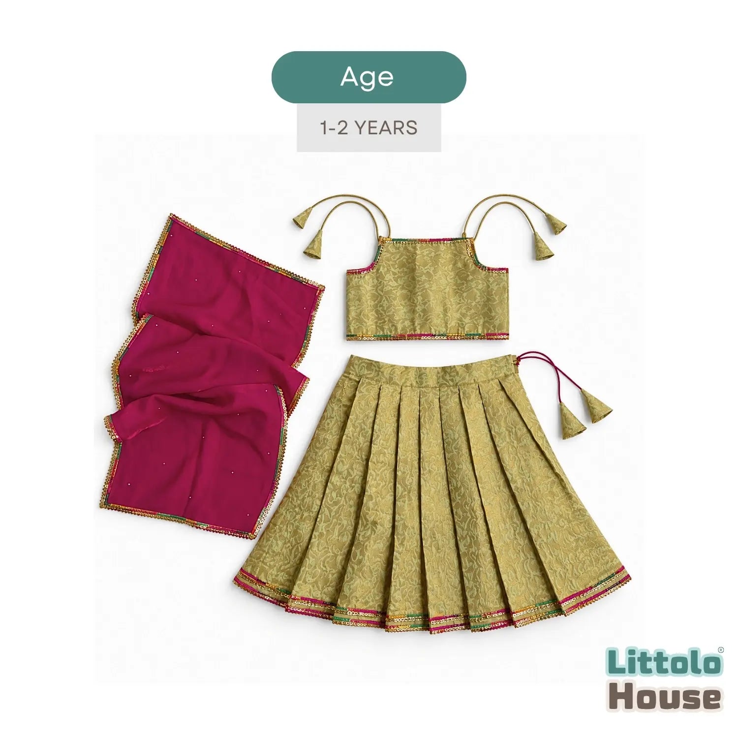 Baby Girl Traditional Lehenga Choli with Dupatta Outfit O221 | 1-2Y | Pastel Olive Green