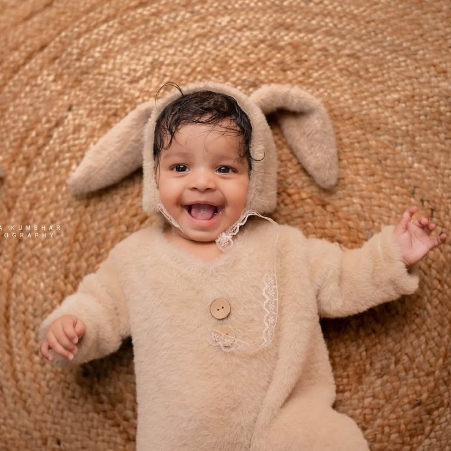 Baby Fur Romper with Rabbit Ears Bonnet O113 | 3M | Beige