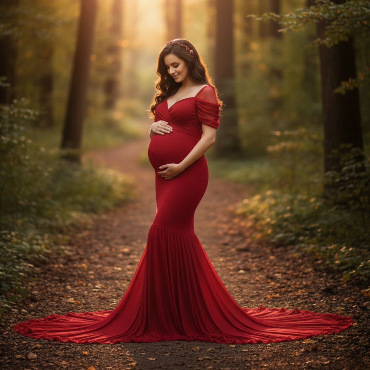 Chiffon Flowy Dress with Short Chiffon Sleeves M002 Maternity Gown | M | Cherry
