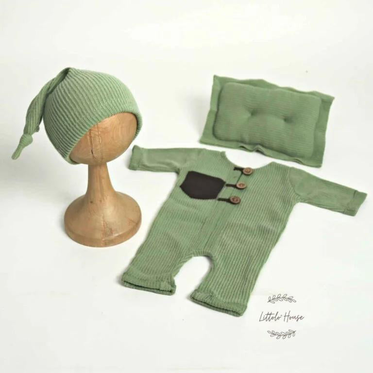 Baby Textured Romper Pillow and Hat Set of 3 Outfit O060 | NB | Army Green