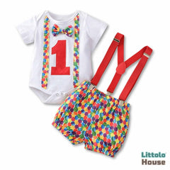 Baby 1st Birthday Cake Smash Romper and Suspender Shorts Set of 2 Outfit O079 | 1Y | Caterpillar Print