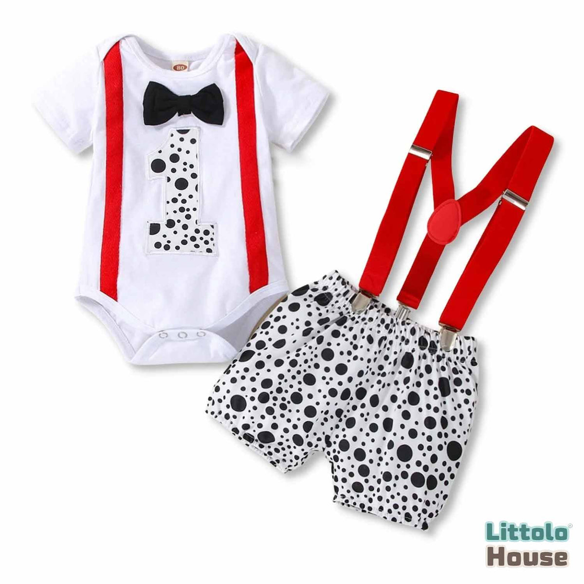 Baby 1st Birthday Cake Smash Romper and Suspender Shorts Set of 2 Outfit O079 | 1Y | Dots Print