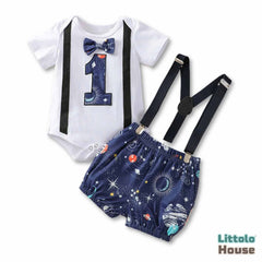 Baby 1st Birthday Cake Smash Romper and Suspender Shorts Set of 2 Outfit O079 | 1Y | Galaxy Print