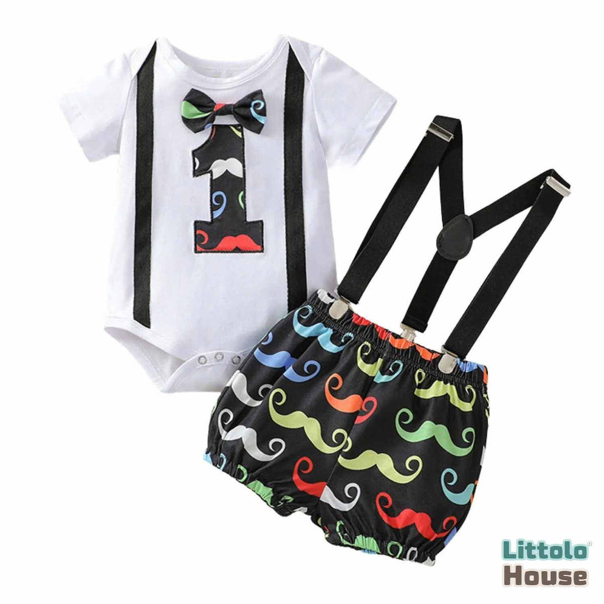 Baby 1st Birthday Cake Smash White Romper and Suspender Shorts Set of 2 Outfit O079 | 1Y | Mustache print