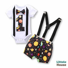 Baby 1st Birthday Cake Smash Romper and Suspender Shorts Set of 2 Outfit O079 | 1Y | Solar Print