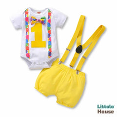 Baby 1st Birthday Cake Smash Romper and Suspender Shorts Set of 2 Outfit O079 | 1Y | Yellow