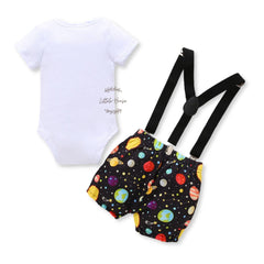 Baby 1st Birthday Cake Smash Romper and Suspender Shorts Set of 2 Outfit O079 | 1Y | Solar Print