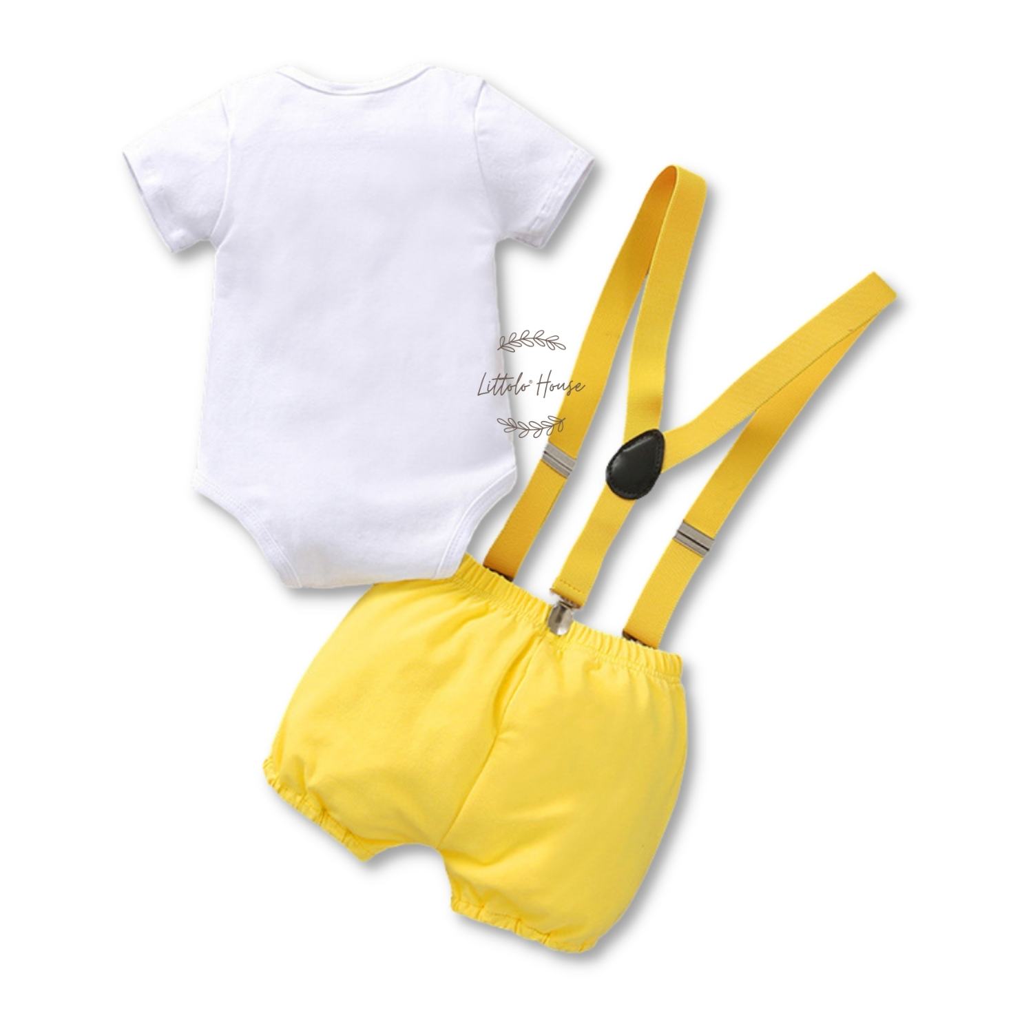 Baby 1st Birthday Cake Smash Romper and Suspender Shorts Set of 2 Outfit O079 | 1Y | Yellow