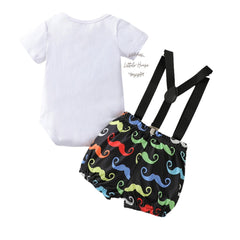 Baby 1st Birthday Cake Smash White Romper and Suspender Shorts Set of 2 Outfit O079 | 1Y | Mustache print