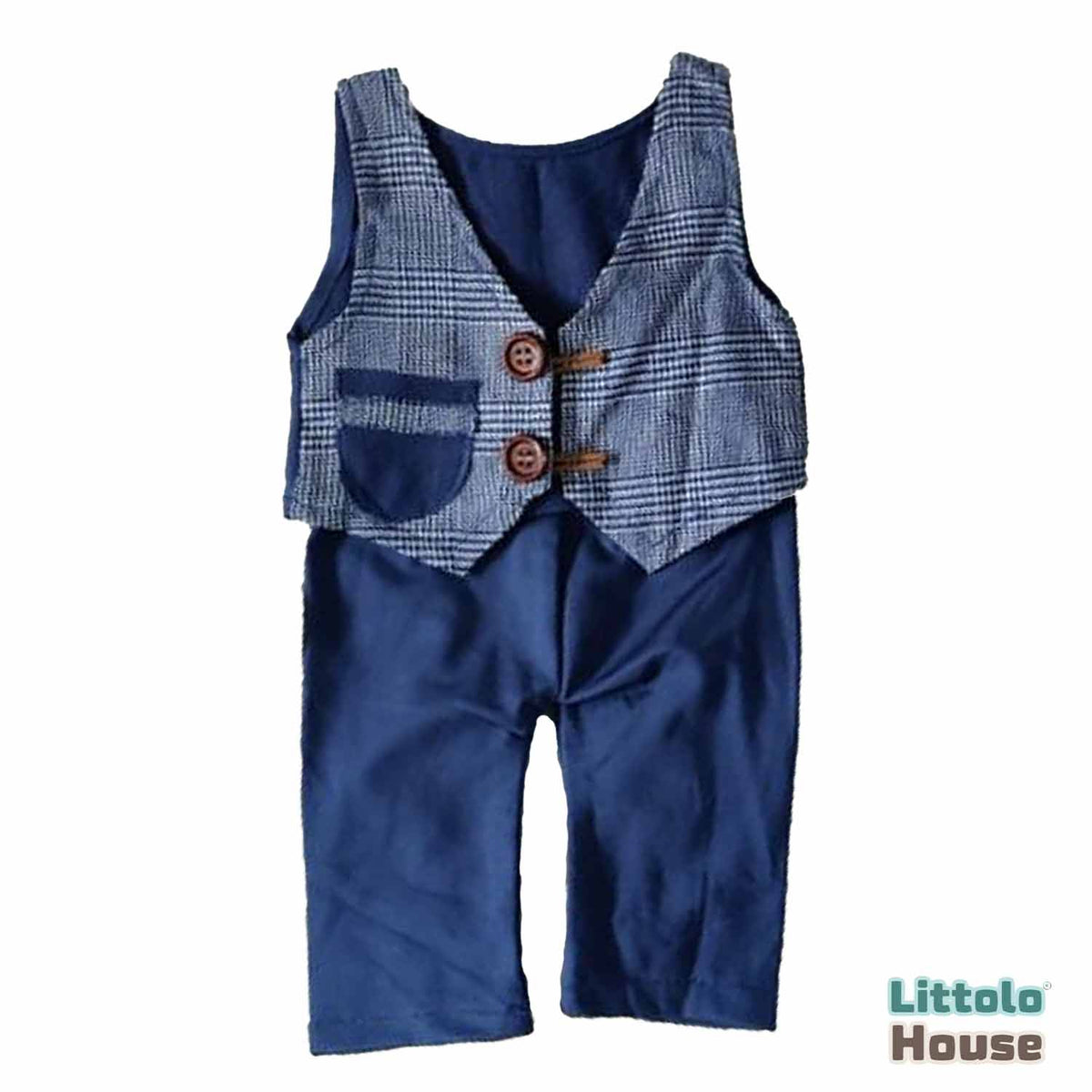 Baby Boy Plaid Vest & Pant SR003 | Set of 2 | 2M | Navy Blue