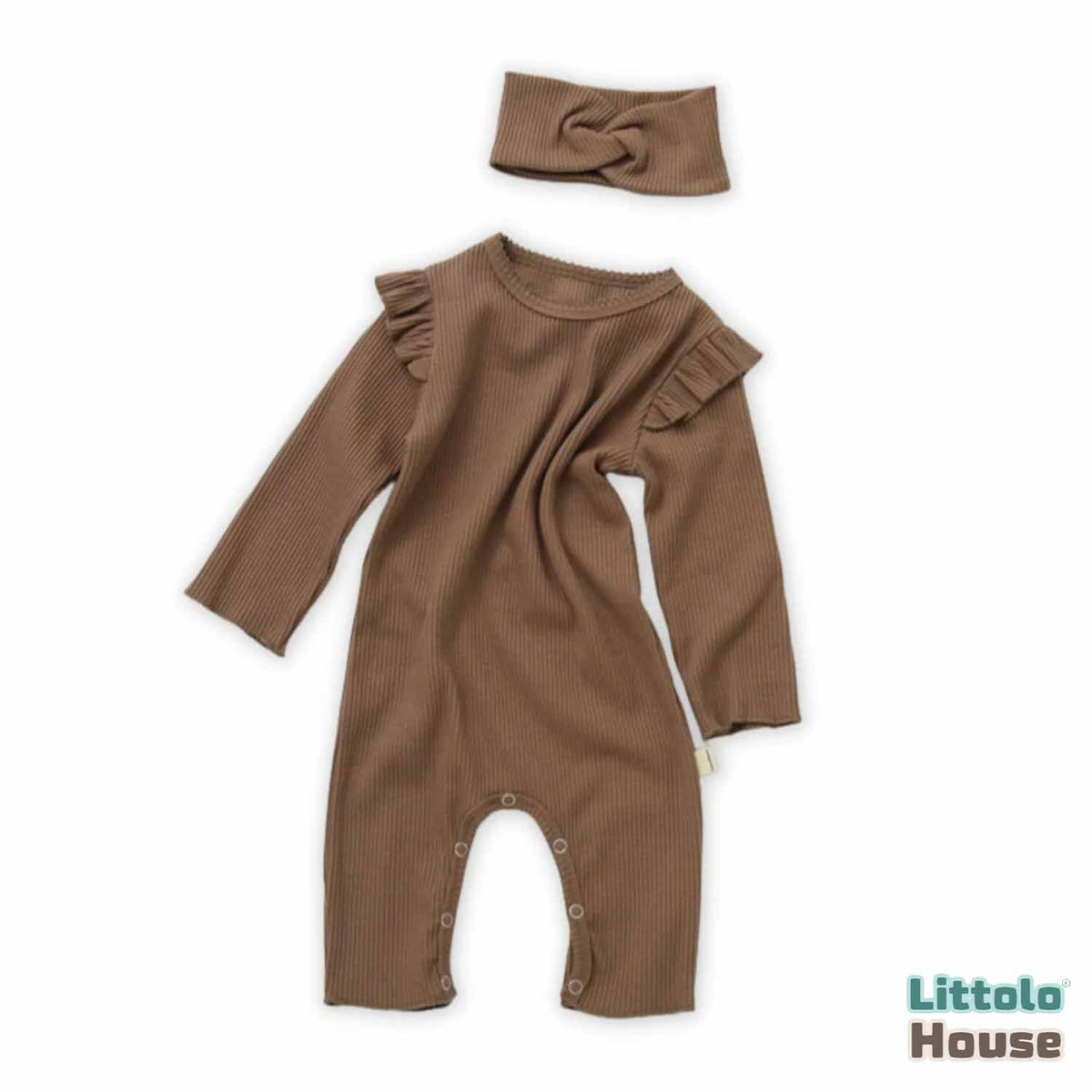 Baby Girl Ruffled Full Sleeves Romper with Earband O094 | 1Y | Brown