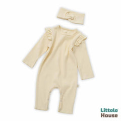 Baby Girl Ruffled Full Sleeves Romper with Earband O094 | 1Y | Cream