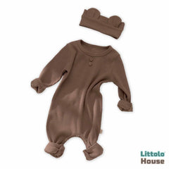 Baby Boy Ruffled Full Sleeves Romper with Earband O094 | 1Y | Light Brown