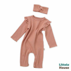 Baby Girl Ruffled Full Sleeves Romper with Earband O094 | 1Y | Rusty Brown