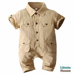 Baby Short-Sleeved Cotton Gentleman Romper Outfit O077 | 1Y | Khakee