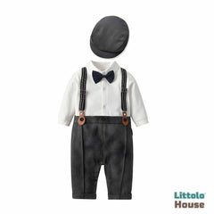 Baby Boy Suit Romper with Cap and Bow Tie Outfit O044 | 6M | White Grey