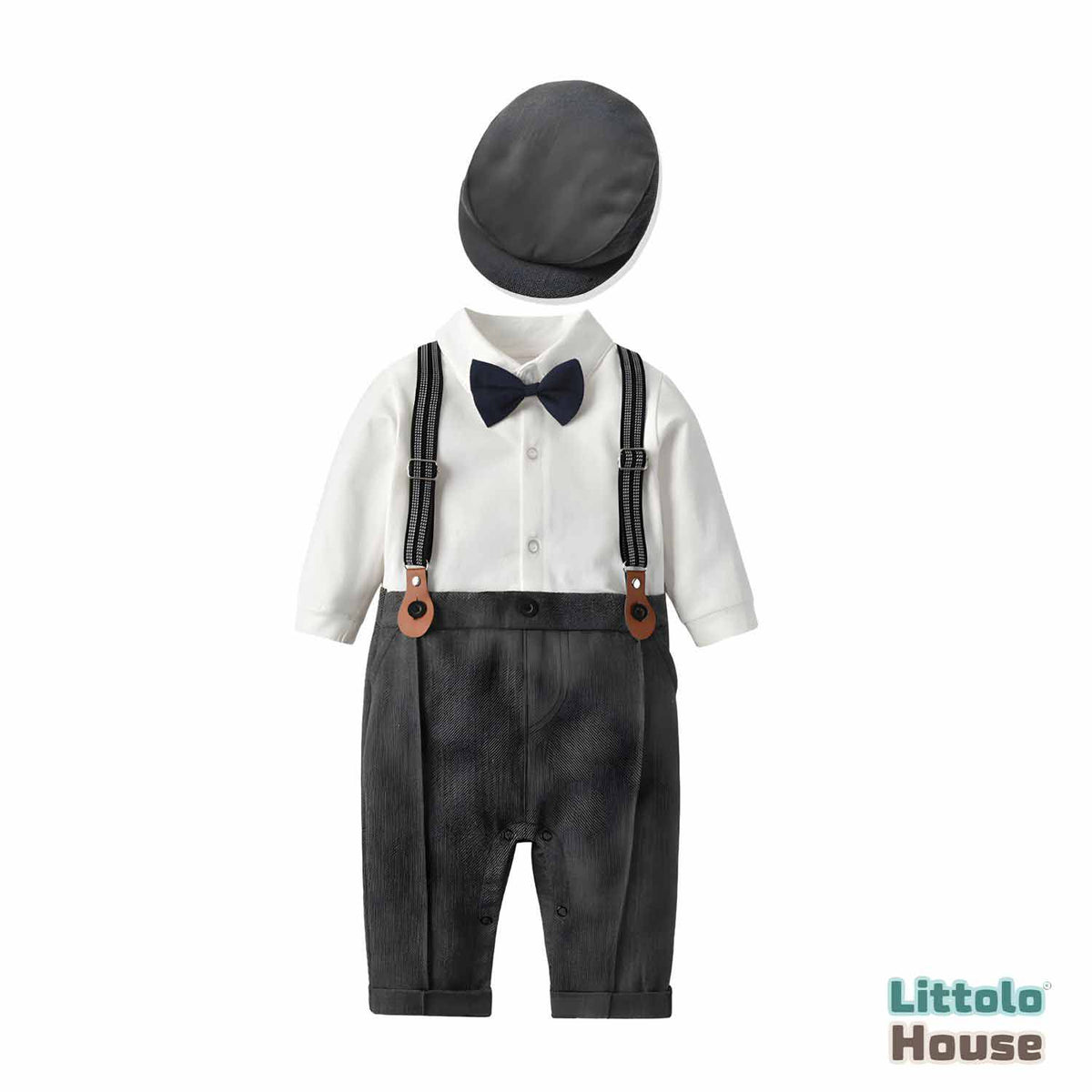 Baby Boy Suit Romper with Cap and Bow Tie Outfit O044 | 9M | White Grey