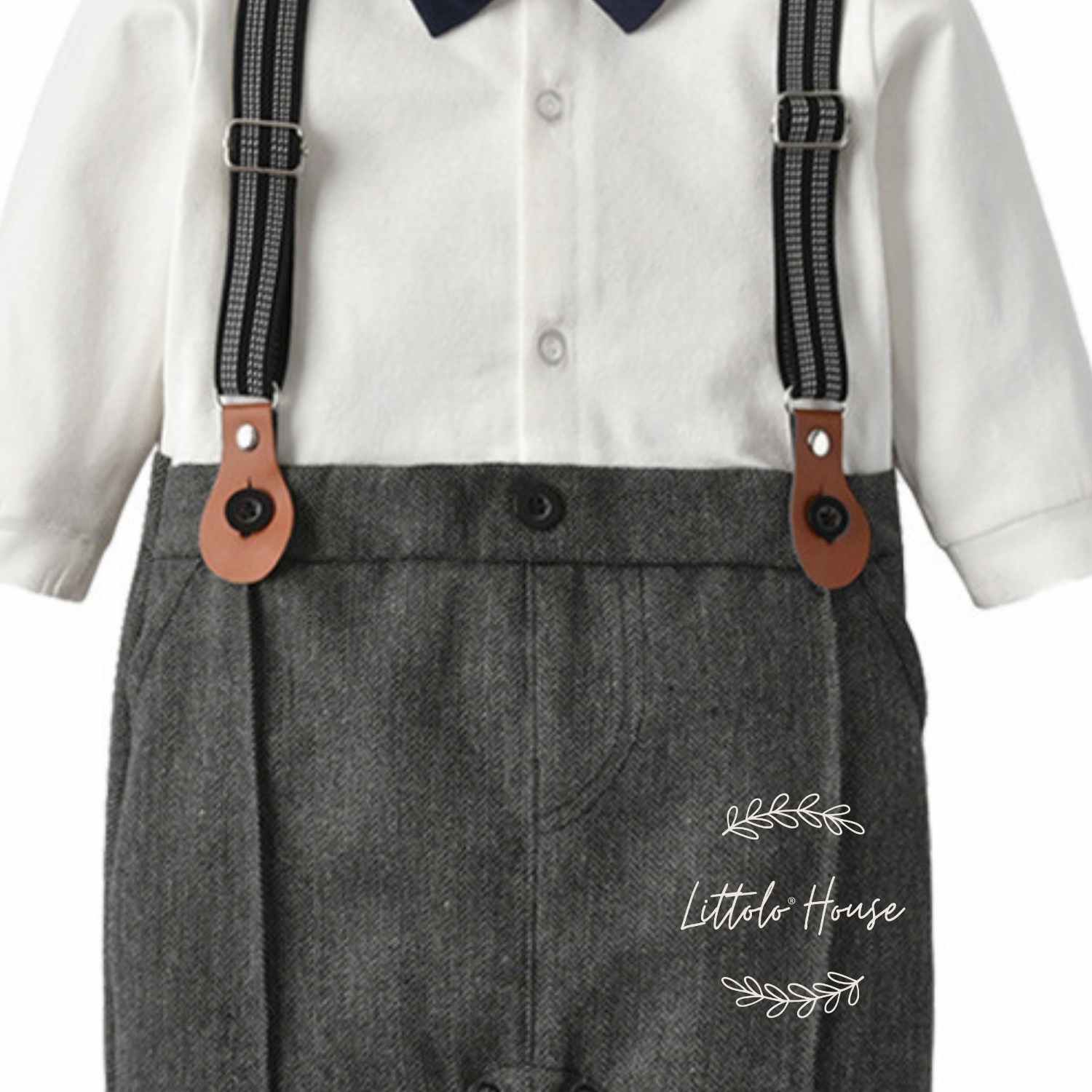 Baby Boy Suit Romper with Cap and Bow Tie Outfit O044 | 9M | White Grey