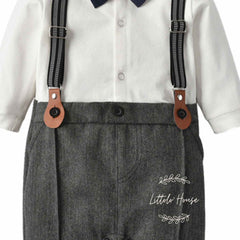 Baby Boy Suit Romper with Cap and Bow Tie Outfit O044 | 6M | White Grey