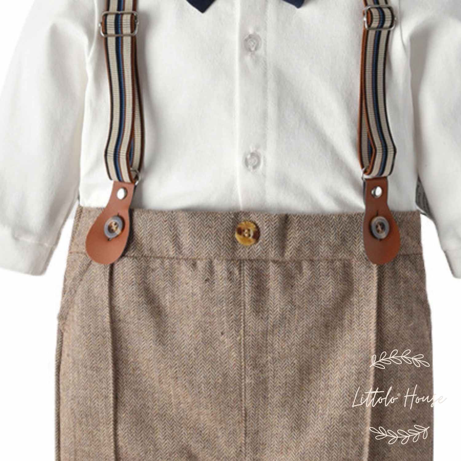 Baby Boy Suit Romper with Cap and Bow Tie Outfit O044 | 9M | White Brown