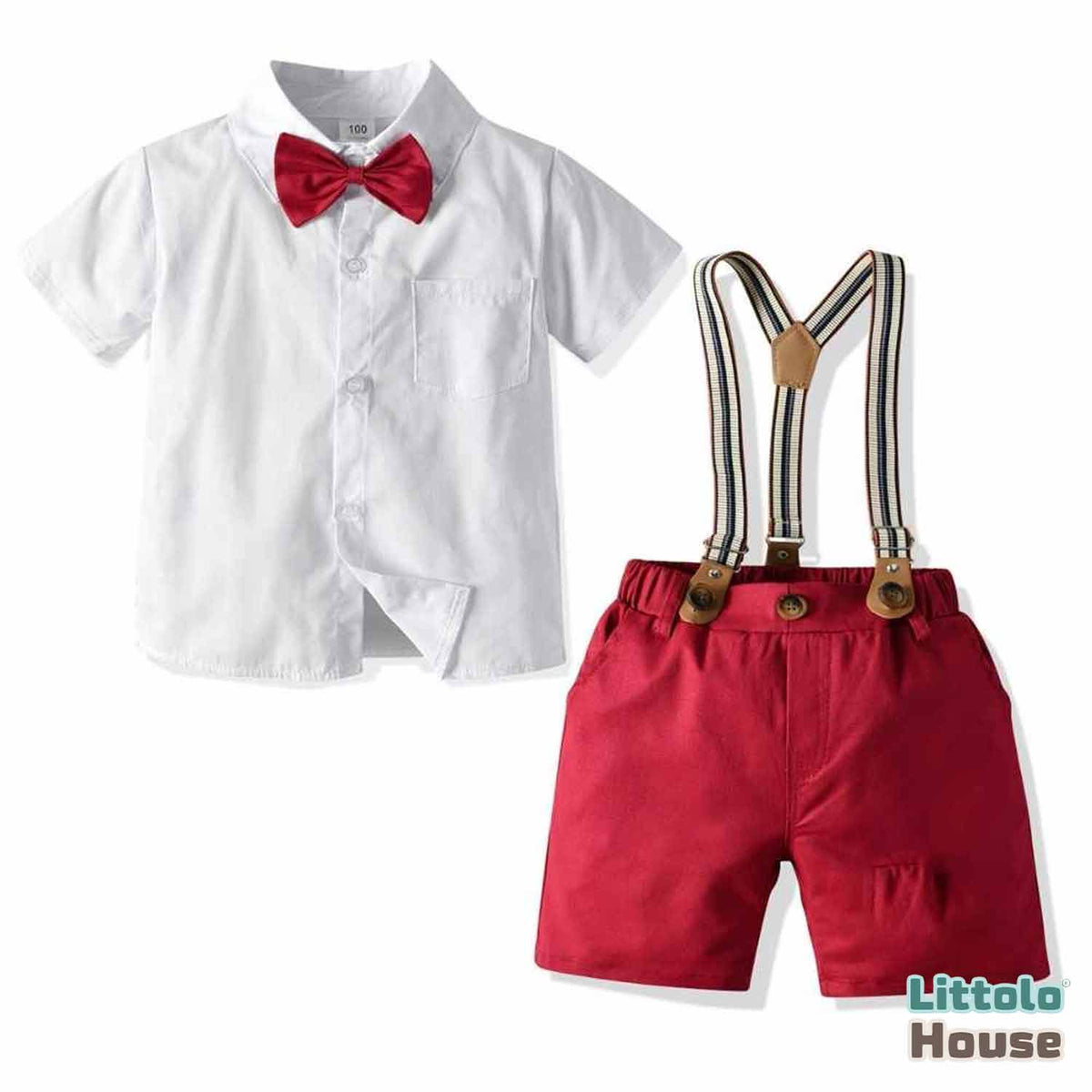 Baby Boy Suspender Shorts Outfit with Bow Tie Outfit O045 2Y White Littolo House