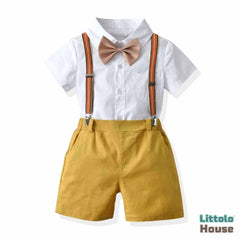 Baby Boy Suspender Shorts Outfit with Bow Tie Outfit O045 | 2Y | White Mustard