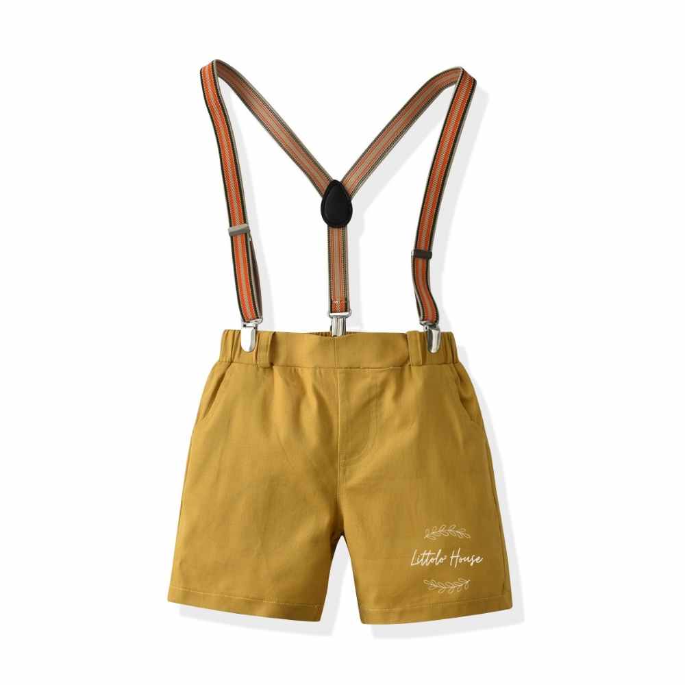 Baby Boy Suspender Shorts Outfit with Bow Tie Outfit O045 | 2Y | White Mustard