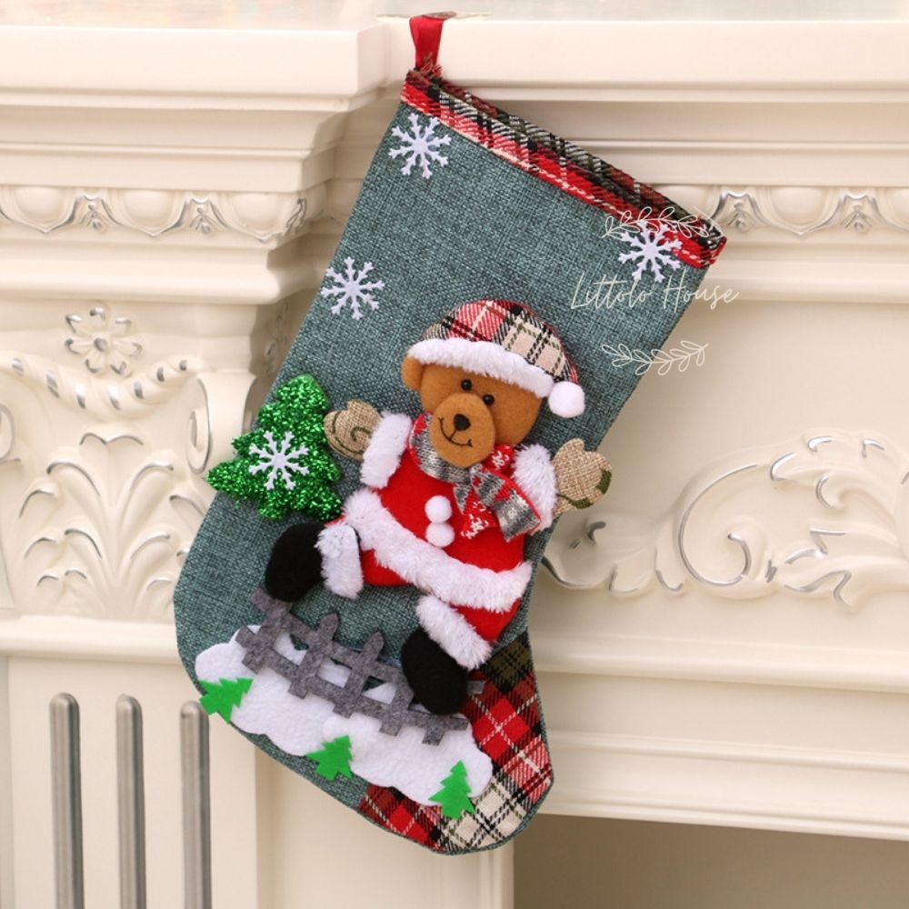 Baby Christmas Bear Linen Stockings Decorative Add-ons | 1Y | Green