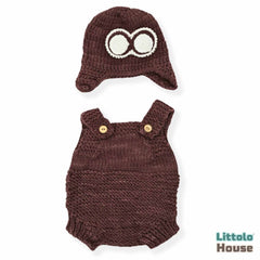 Baby Crochet Aviator Romper with Hat O125 | 2M | Brown