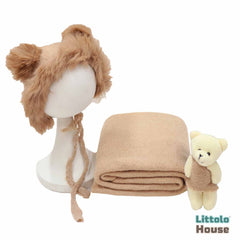 Baby Crochet Mohair Bonnet with Wrap and Teddy SR025 | Set of 3 | 3M | Caramel