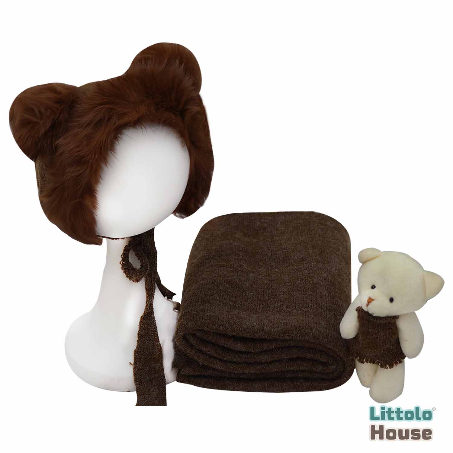 Baby Crochet Mohair Bonnet with Wrap and Teddy SR025 | Set of 3 | 3M | Dark Coffee