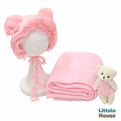 Baby Crochet Mohair Bonnet with Wrap and Teddy SR025 | Set of 3 | 3M | Light Pink