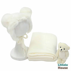 Baby Crochet Mohair Bonnet with Wrap and Teddy SR025 | Set of 3 | 3M | White