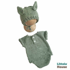 Baby Crochet Romper and Bonnet with Ears SR067 | Set of 2 | NB | Bean Green