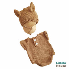 Baby Crochet Romper and Bonnet with Ears SR067 | Set of 2 | NB | Brown