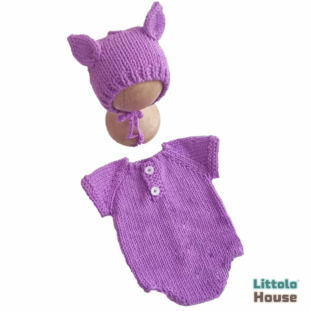 Baby Crochet Romper and Bonnet with Ears SR067 | Set of 2 | NB | Purple