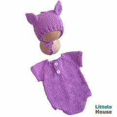 Baby Crochet Romper and Bonnet with Ears SR067 | Set of 2 | NB | Purple