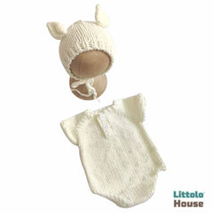 Baby Crochet Romper and Bonnet with Ears SR067 | Set of 2 | NB | White