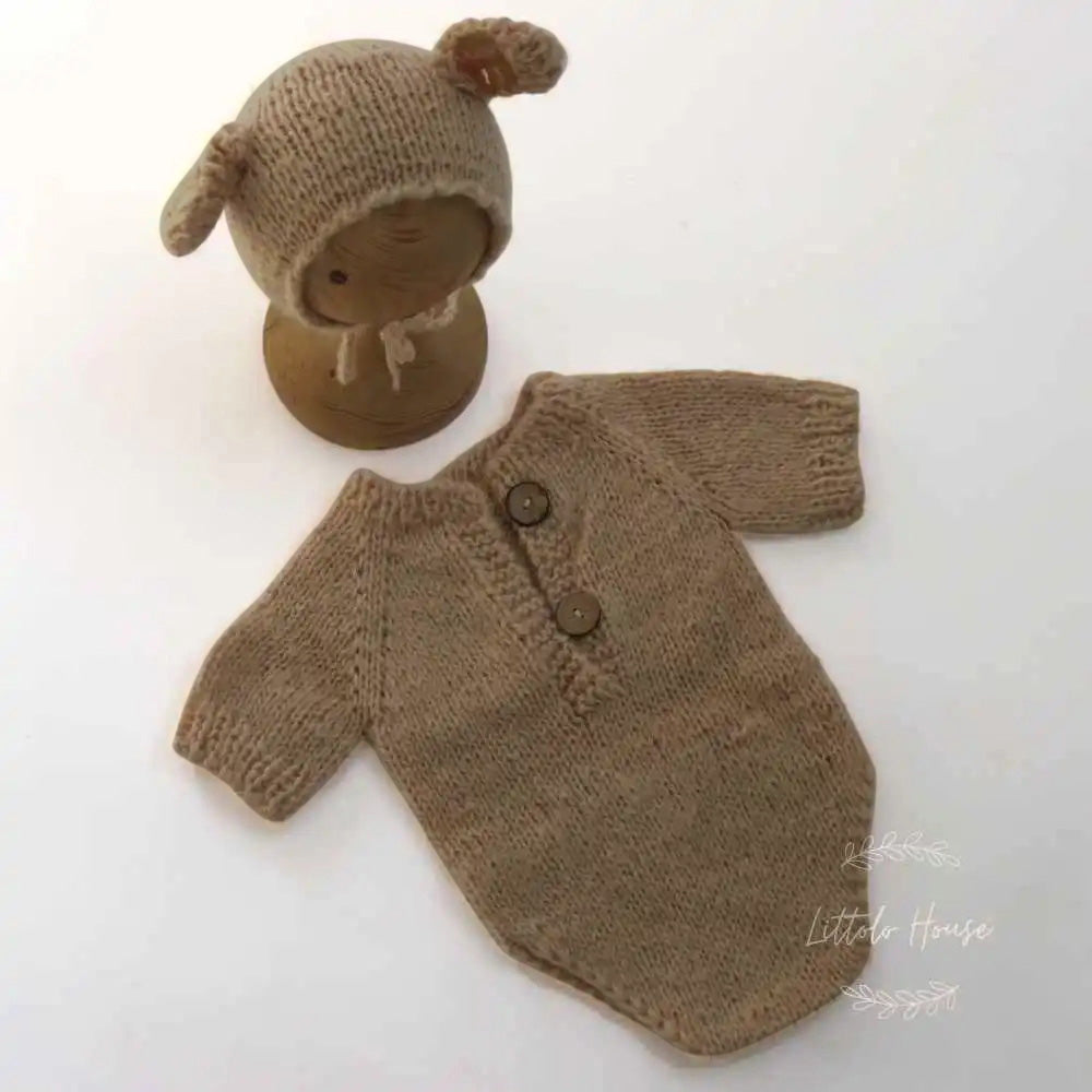 Baby Crochet Romper with half Sleeves and Bonnet with Ears SR071 | Set of 2 | NB | Brown