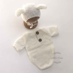 Baby Crochet Romper with half Sleeves and Bonnet with Ears SR071 | Set of 2 | NB | White